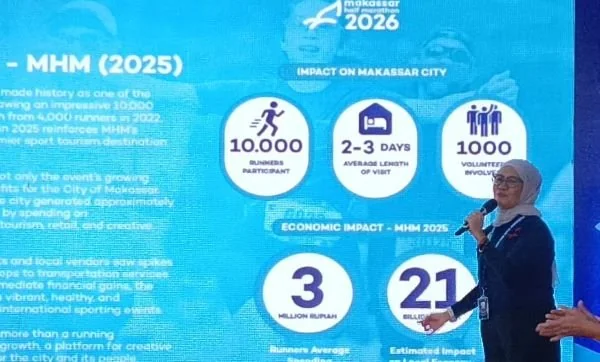 Race Director MHM, Safrita Aryana saat Menjelaskan Dampak Ekonomi MHM 2026 di Makassar, (Dok: Sinta KabarMakassar)