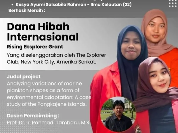 Tiga mahasiswa Program Studi Ilmu Kelautan, Fakultas Ilmu Kelautan dan Perikanan Unhas (Dok : Ist).