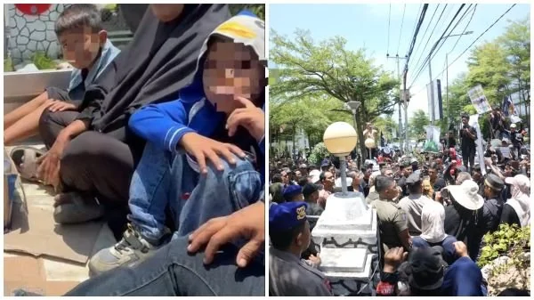 Gabungan Foto Masa Aksi di Balaikota Kota Makassar dan Anak Yang Ikut Ibunya ke Lokasi Aksi Tolak PSLTa, (Dok: KabarMakassar).