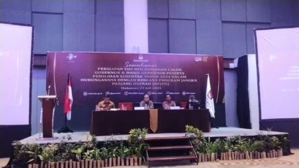 Ketua KPU Sulsel, Hasbullah saat membuka Sosialisasi Persiapan Visi Misi Pasangan Calon Gubernur dan Wakil Gubernur Pemilu Serentak 2024 dalam Hubungannya dengan RPJPD 2025-2045, di Hotel Four Points by Sheraton (Dok : Ist).