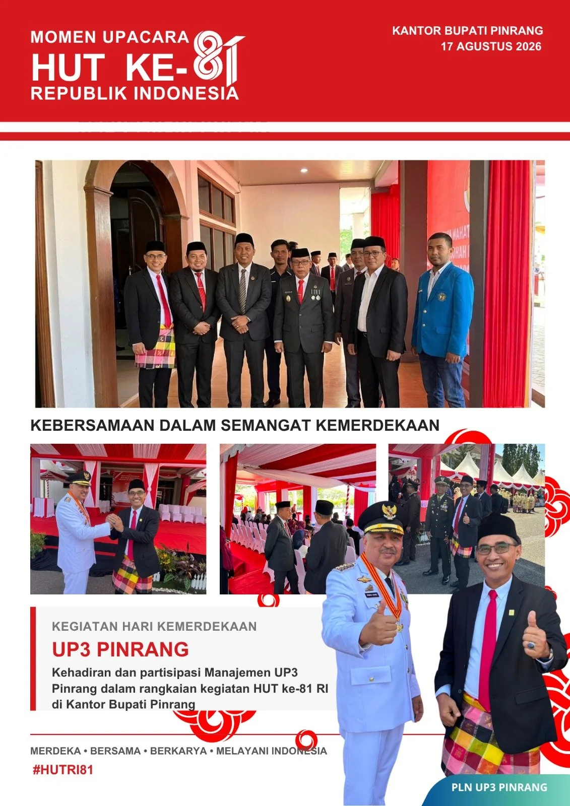 UP3 Pinrang turut hadir dan berpartisipasi dalam rangkaian Upacara 17 Agustus 2026 di Kantor Bupati Pinrang (Dok: Ist)