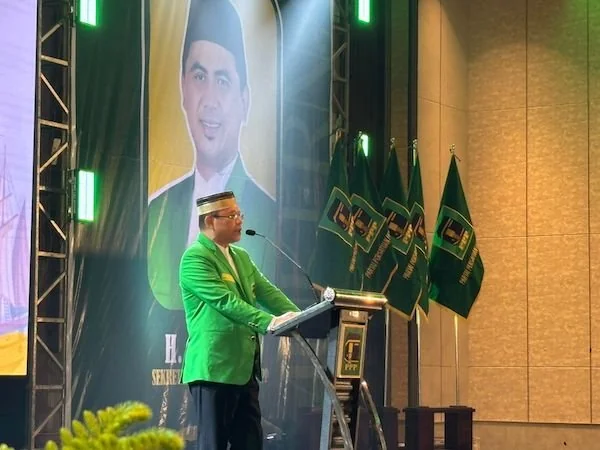 Suasana Ketua Umum DPP PPP, Muhamad Mardiono saat Sambutan di Mukernas PPP di Makassar (Dok: KabarMakassar).