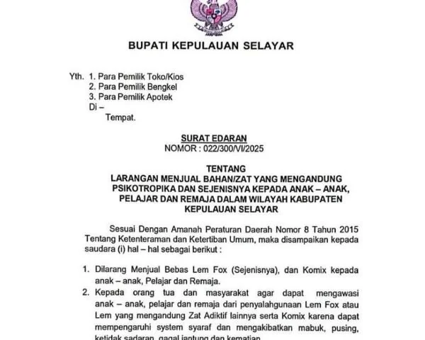 Surat edaran Bupati Kepulauan Selayar larangan penjualan zat adiktif pada anak (Dok : Ist).
