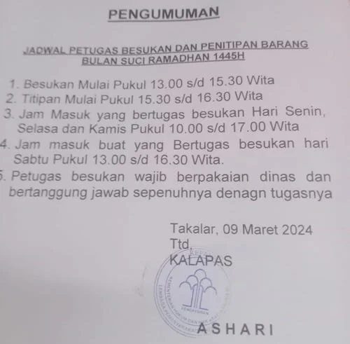 Jelang Ramadan 2024, Berikut Jadwal Besuk di Lapas Takalar