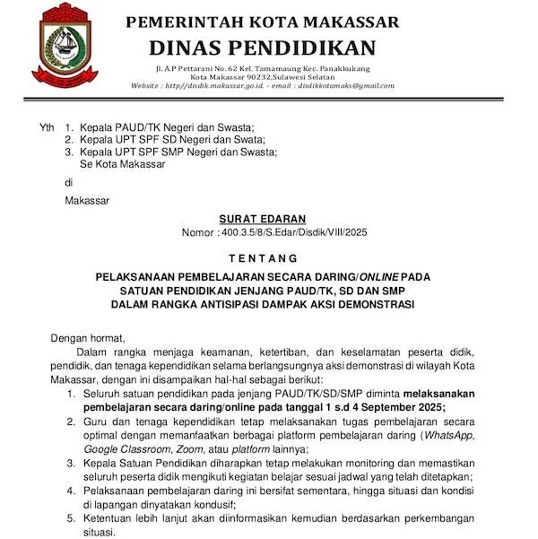 Surat Edaran Disdik Makassar, (Dok: Ist).
