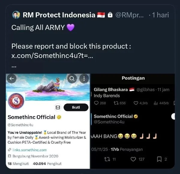 Tangkapan layar unggahan akun RM Protect Indonesia yang mengajak ARMY untuk memboikot dan memblokir produk Somethinc di X (Twitter). Dok. Ist