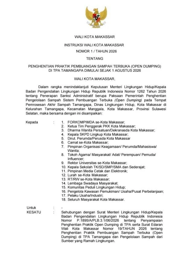 Surat Instruksi Wali Kota Makassar Munafri Arifuddin (Dok: Ist).