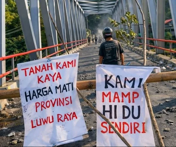 Aksi blokade Jalan Trans Sulawesi di Jembatan Baliase oleh massa aksi. (Dok: Ist)