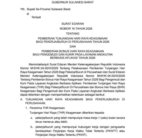 Surat edaran Gubernur Sulbar tentang pemberian THR dan BHR. (Dok: Ist)