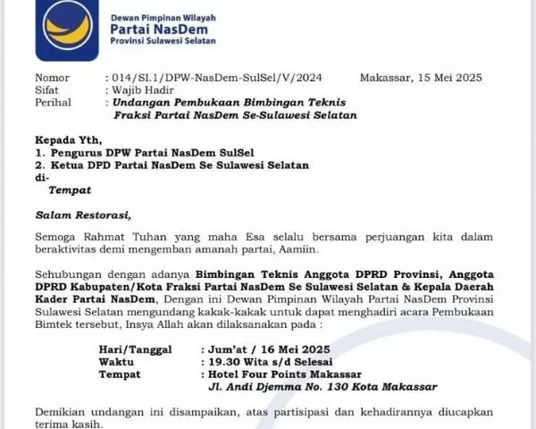 Surat Bimtek Nasdem Sulsel (Dok : Ist).