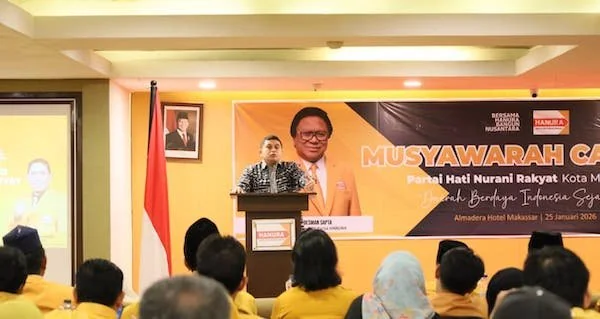 Wali Kota. Makassar, Munafri Arifuddin saat Memberikan Sambutan di Muscab Hanura Makassar, (Dok: Sinta KabarMakassar).