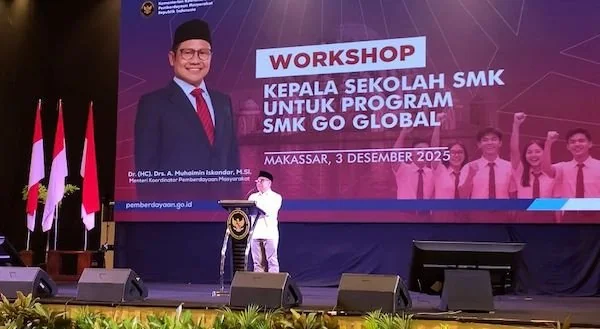 Menko PM Muhaimin Iskandar pada Workshop Kepala Sekolah untuk Program SMK Go Global (dok. Syamsi/KabarMakassar)