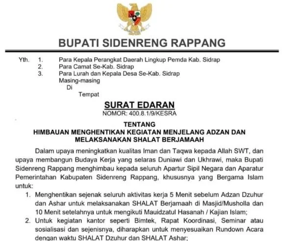 Surat Edaran Bupati Sidrap, Syaharuddin Alrif Terkait ASN Wajib Berhenti Kerja saat Azan, (Dok: Ist).