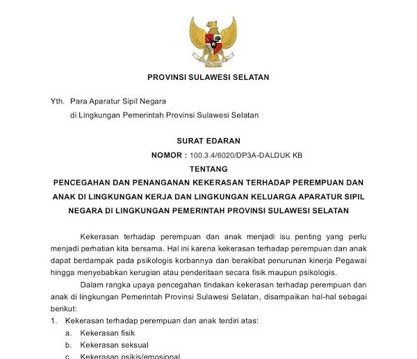 Surat edaran Pemprov Sulsel terkait Anti Kekerasan terhadap Perempuan dan Anak bagi ASN (dok. Ist)