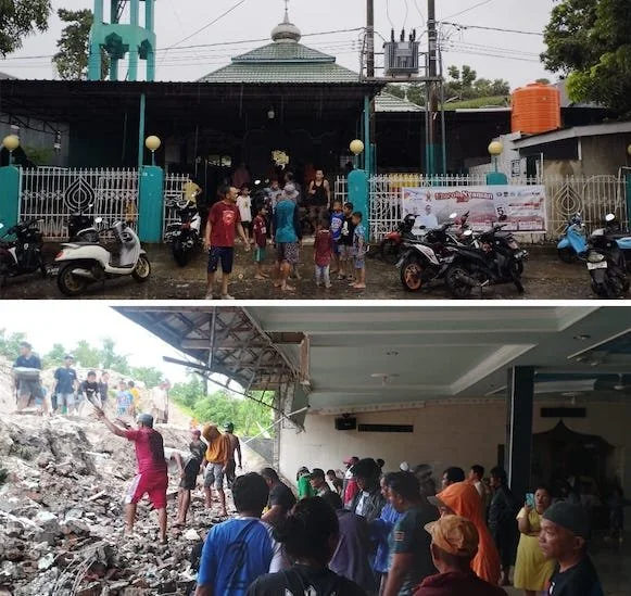 Ratusan Warga Pammanjengang saat  bergotong royong membersihkan sisa-sisa puing bangunan dilokasi tersebut. (ullah).