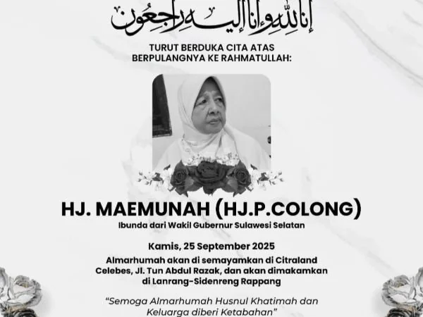 Ucapan bela sungkawa atas wafatnya ibu dari Gubernur Sulsel Fatmawati Rusdi, Hj Maemunah (Dok ; Ist).