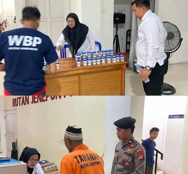 Kepala Rutan Kelas IIB Jeneponto, Adam Ridwansyah, saat meninjau tes urine mendadak bagi seluruh petugas dan sejumlah Warga Binaan Pemasyarakatan (WBP) terpilih, pada Rabu, 10 Desember 2025. (Ist).