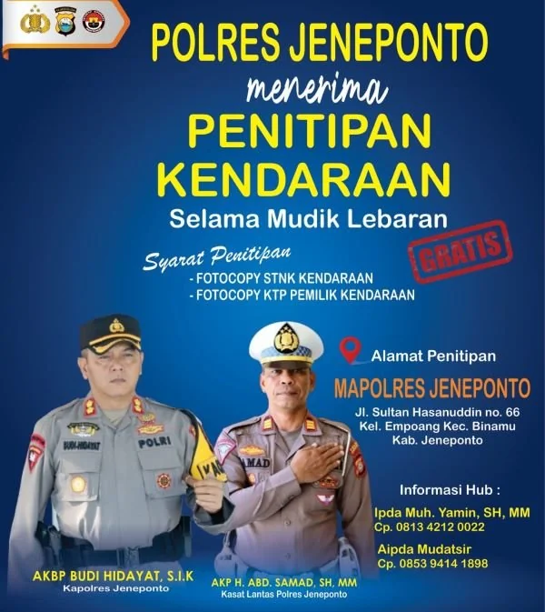 Polres Jeneponto Buka Jasa Titip Kendaraan Bagi Pemudik (Foto : ist).
