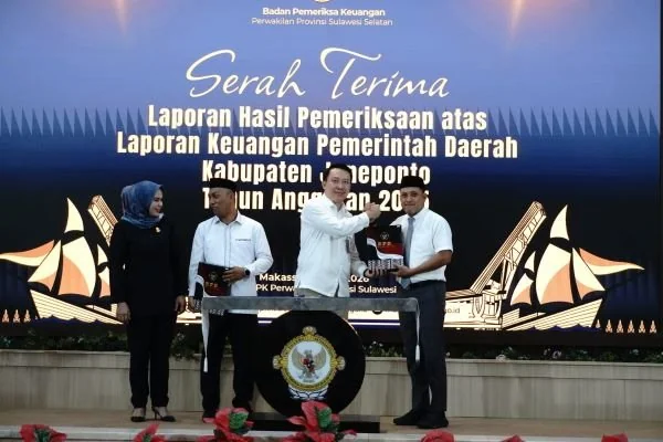 Pemerintah Kabupaten Jeneponto kembali meraih predikat Opini Wajar Tanpa Pengecualian (WTP) dari Badan Pemeriksa Keuangan (BPK) Republik Indonesia (RI) Perwakilan Provinsi Sulawesi Selatan. (Dok: Ist)