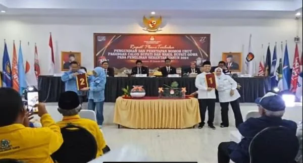 Kedua Paslon Bupati dan Wakil Bupati Gowa secara serentak membuka nomor urut (Dok : Ist).